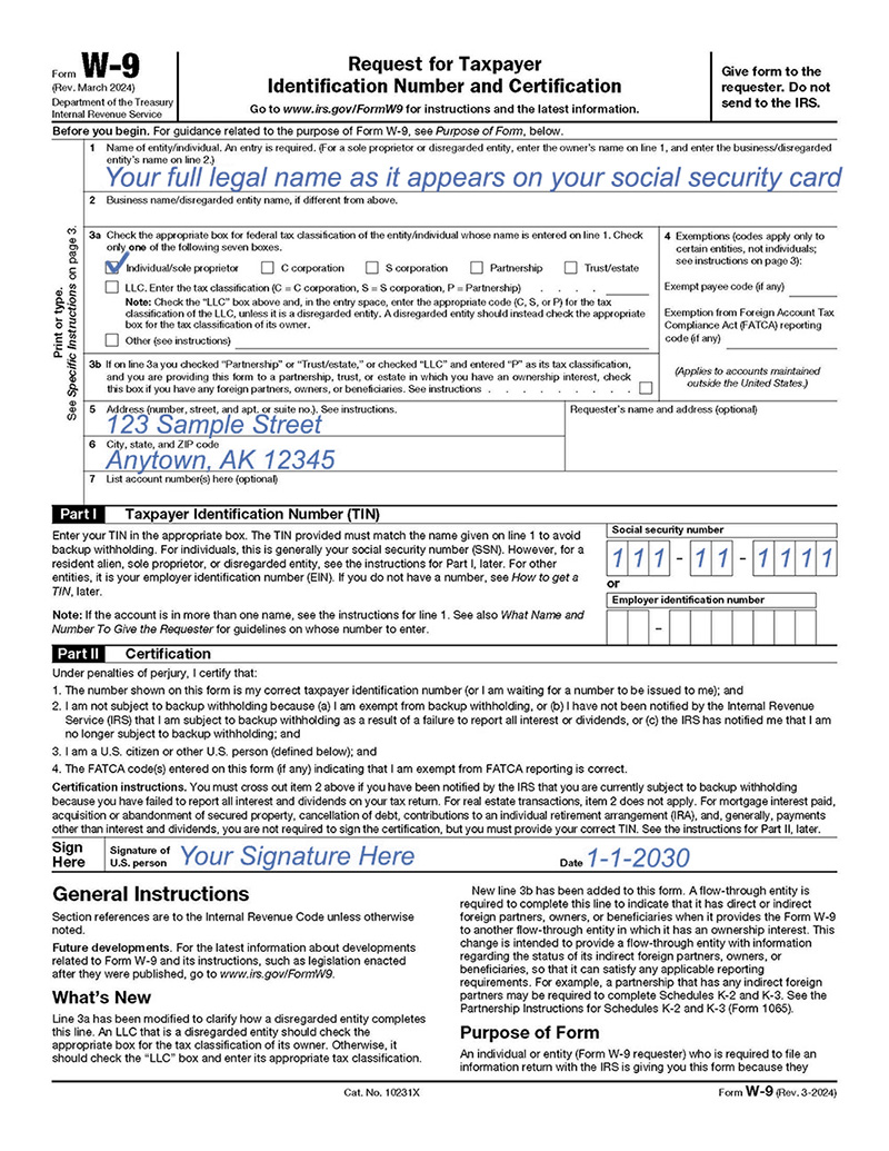 Example of completed W9.